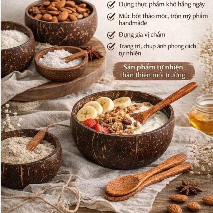 Chén gáo dừa, combo bát muỗng dừa, gáo dừa, chén ăn hạt ngũ cốc, chén gỗ, bát gỗ dừa