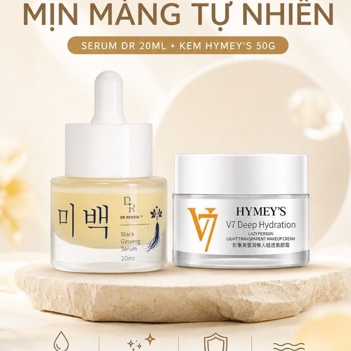 Combo Dưỡng Sáng & Cấp Ẩm Da DR.REROIA Serum Nhân Sâm Đen 20ml + Kem Dưỡng Hymeys V7 50g Cho Mọi Loạ
