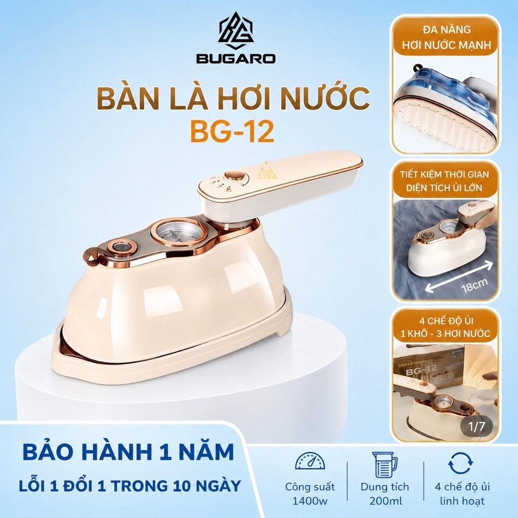 Bàn ủi hơi nước Bugaro BG-12 Có thể ủi treo-ủi nằm Công suất 1400w mặt ủi ceramic 16 lỗ thoát hơi