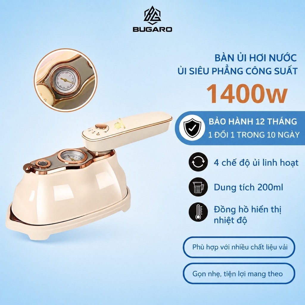 Bàn là hơi nước Bugaro Công Suất 1300w Tay Cầm gấp gọn Uỉ Treo Uỉ Năm Nhỏ Gọn