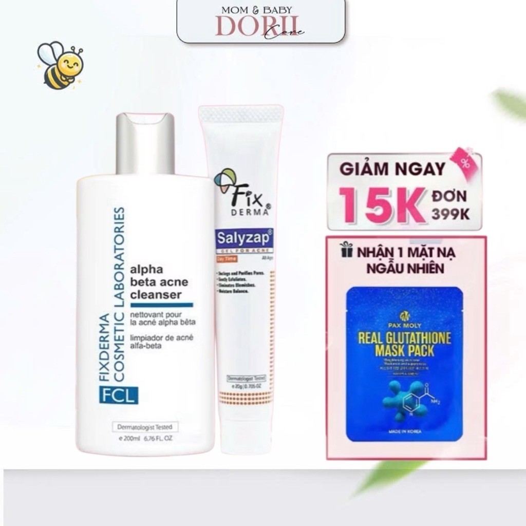 Sữa Rửa Mặt Giảm Mụn Fixderma FCL Alpha-Beta Acne 200ml  & Gel Làm Giảm Mụn Salyzap (Day time) 20ml 