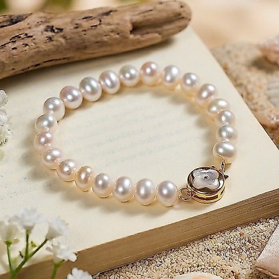 Vòng Tay Ngọc Trai 8ly Khoá Khảm Xà Cừ Xinh Xắn, Tinh Tế - Ngọc Trai Trường Thịnh