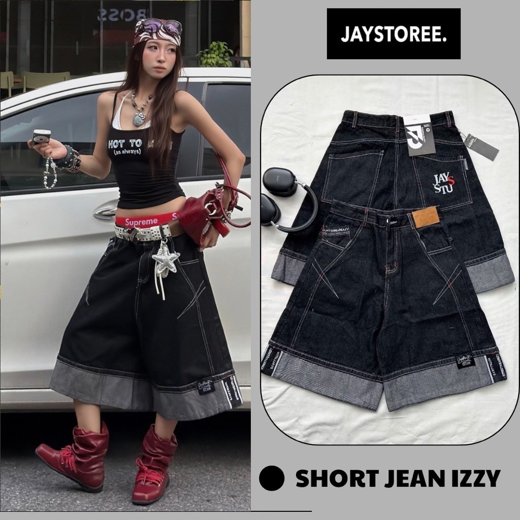 IZZY SHORT JEAN - Quần short Denim form Lửng Ống Rộng Tag Da Gấp Line From…