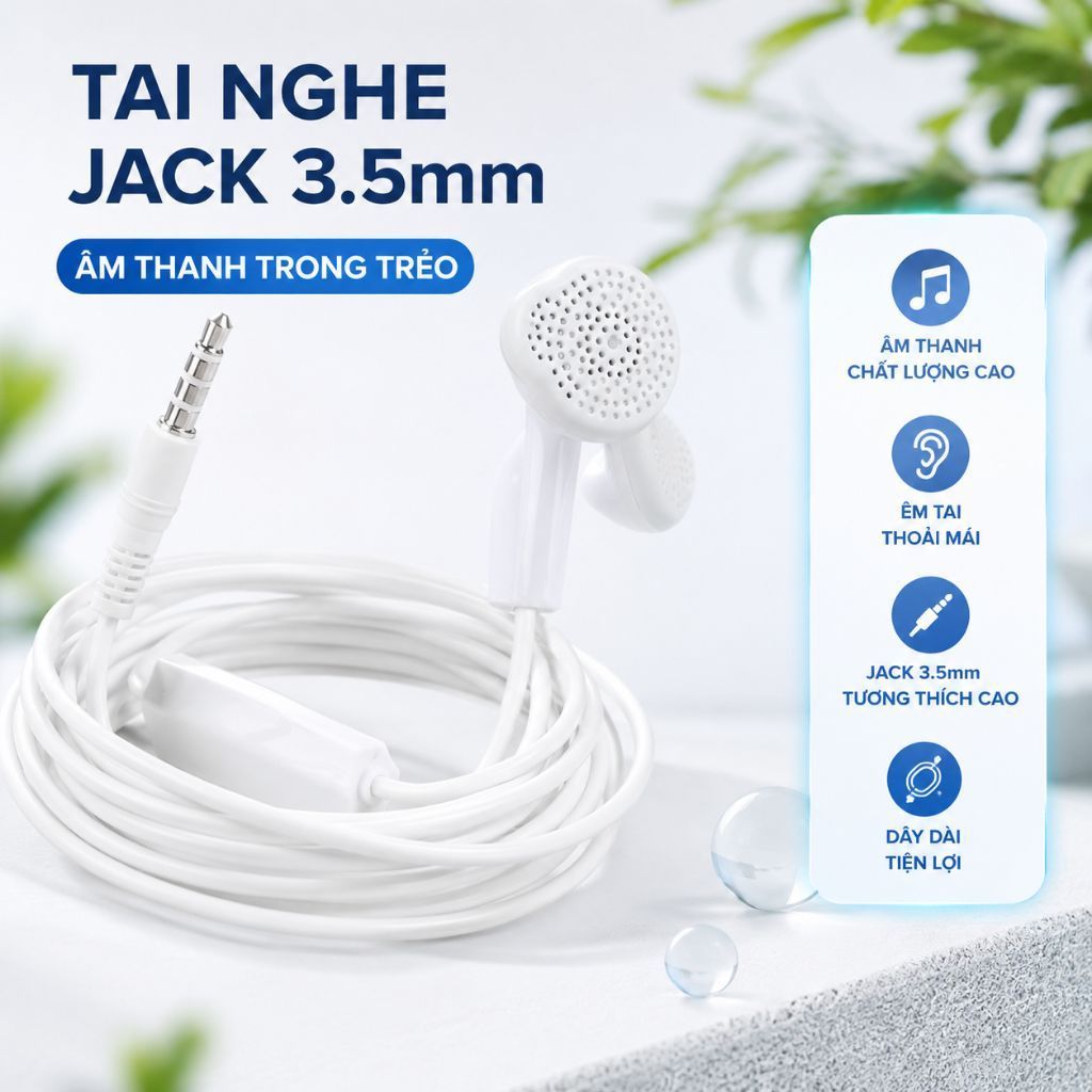 Tai nghe nhét tai có dây jack 3.5mm âm thanh rõ ràng, màu trắng