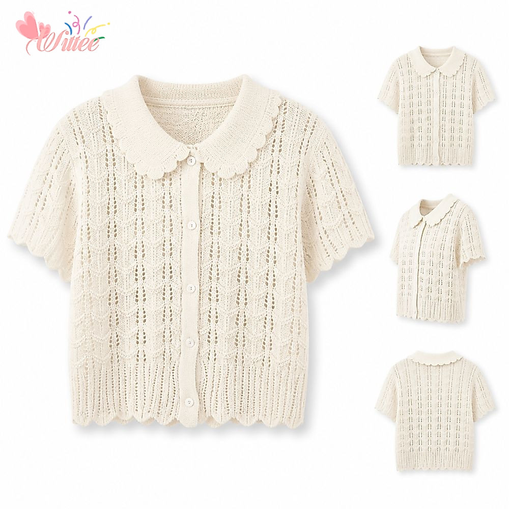 Áo sơ mi dệt kim tay ngắn WITTEE, Nút phía trước kết cấu Openwork Crop Đan Top, Peter Pan Collar Cro