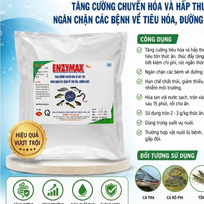 ENZYMAX 1kg men tiêu hoá cao cấp dùng cho lươn, ếch, cá.