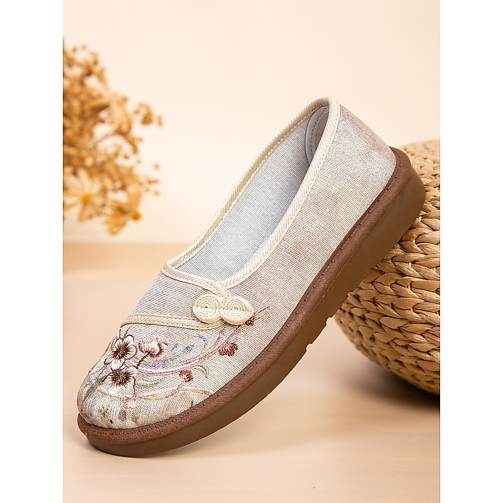 Heyun Xiang Phong Cách Quốc Gia Thêu Giày Nữ Retro Phong Cách Dân Tộc Đế Mềm Đế Đế Bằng Trượt Trên M