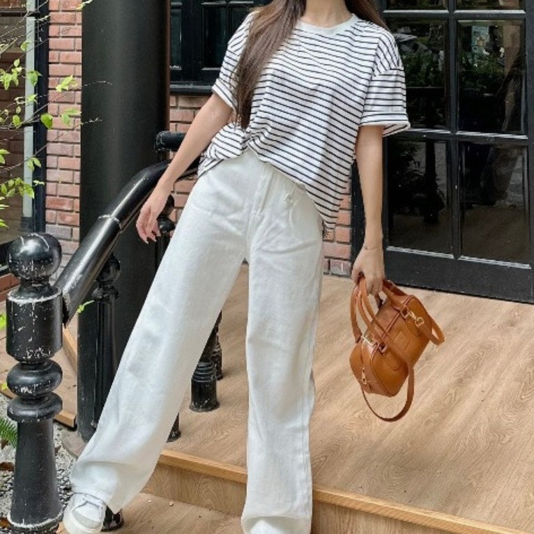Quần jean trắng dáng ống suông, jean ống rộng phong cách Ulzzang Renee Store - Q7748