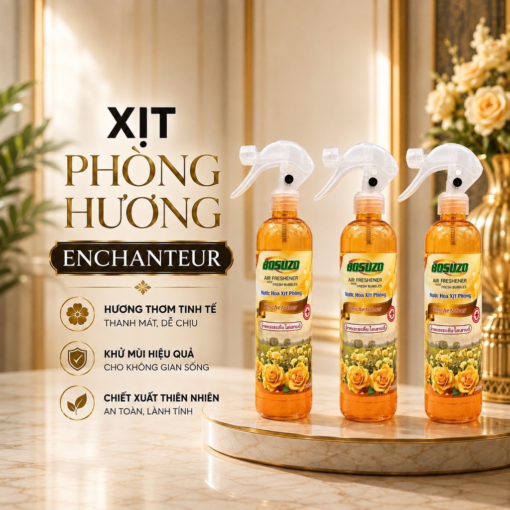 [Combo 3 Chai] Nước Hoa Xịt Phòng Hương Enchanter BOSUZO 350ml - Khử Mùi Hôi, Thơm Phòng Tự Nhiên