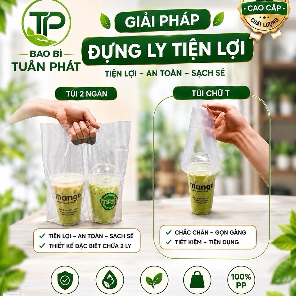{1KG} Túi Đựng Ly Trà Sữa Cà Phê Nước Ép Túi Chữ T, Túi 1 Ly, Túi 2 Ly Có Vách Ngăn Dùng Một Lần