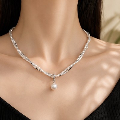 Dây Chuyền Sợi Đôi Đoan Xoắn Bạc Hạt Nhỏ Mix Ngọc Trai Hạt 3ly Tròn Mặt Tròn - Ngọc Trai Trường Thịnh