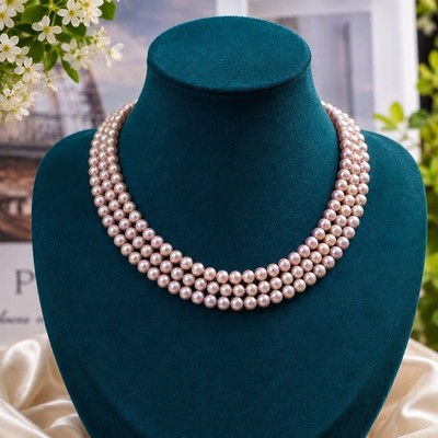 Chuỗi Hạt Ngọc Trai Đeo Cổ 3 Tầng Trang Nhã Màu Hồng Tím - Ngọc Trai Trường Thịnh