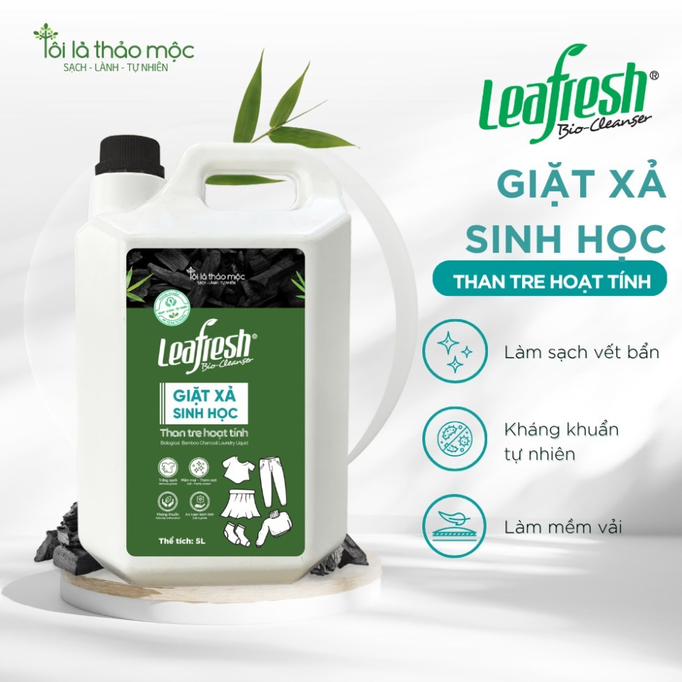Nước Giặt Xả Sinh Học Leafresh 5L – Than Tre Hoạt Tính, Kháng Khuẩn Tự Nhiên, Làm Sạch Mềm Vải