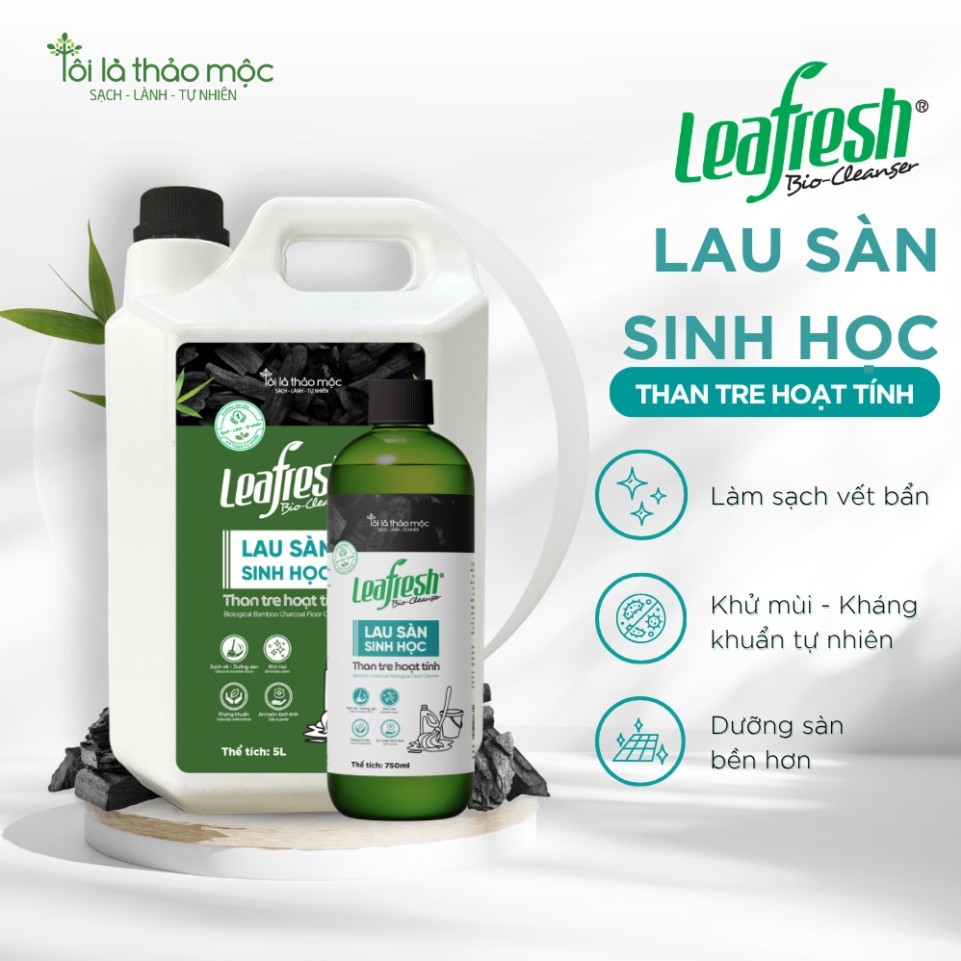 Lau sàn sinh học than tre hoạt tính Leafresh 5L - sạch bóng, kháng khuẩn, an toàn cho bé & thú cưng