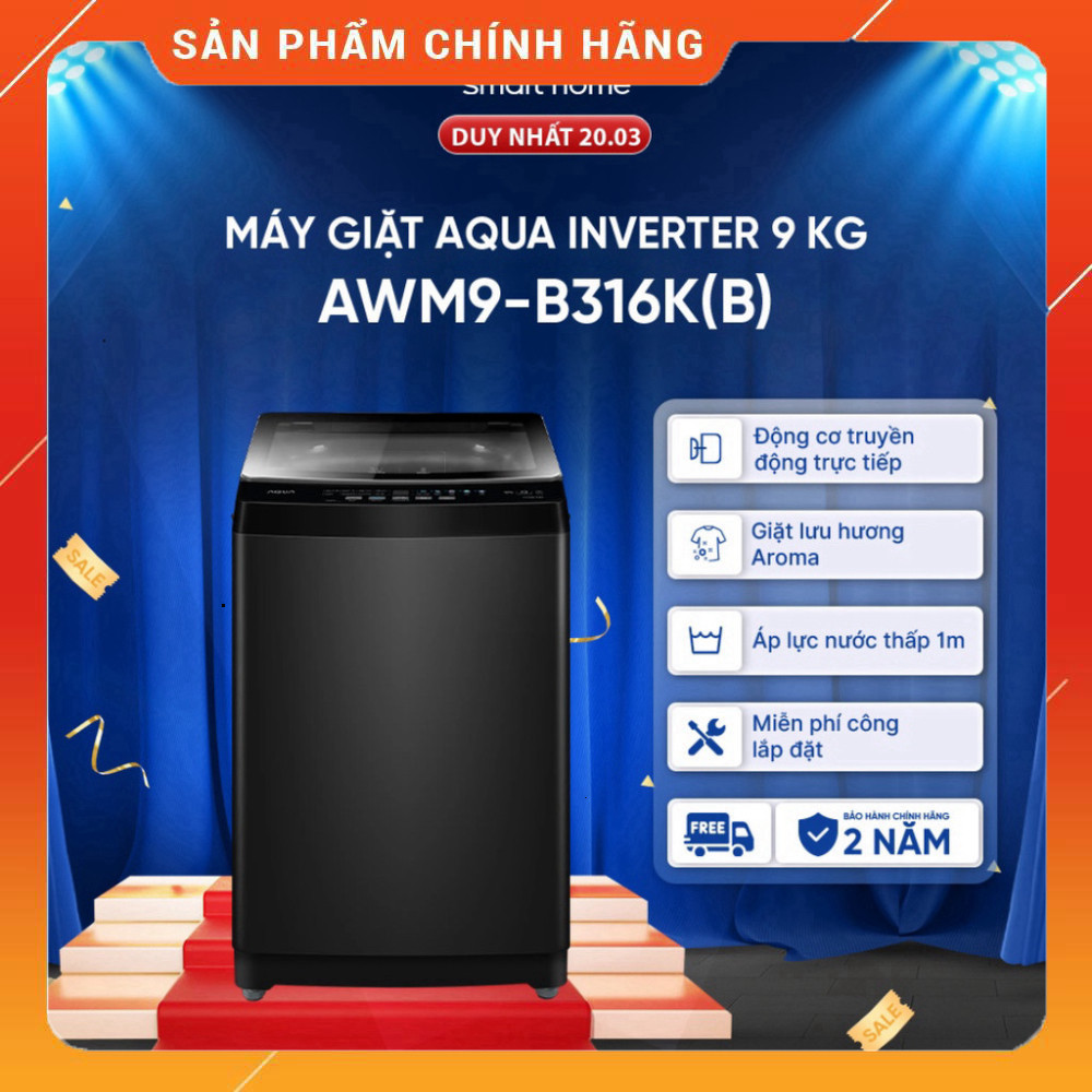 Sale lớn - Sản phẩm máy giặt cửa trên AQUA Inverter 9kg AWM9-B316K(B) - Bảo hành trọn đời - Giao toà