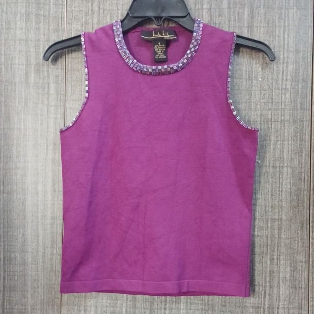 Áo Sát Nách Nữ Nicole Miller Màu Tím Huế Cổ Tròn Đính Hạt Trang Trí 85% Rayon Co Giãn