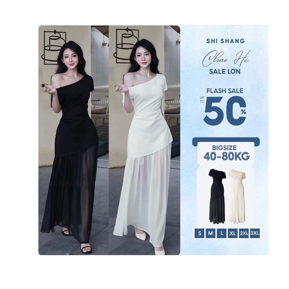 [𝐇𝐚̀𝐧𝐠 𝐐𝐮𝐚̉𝐧𝐠 𝐂𝐡𝐚̂𝐮 - 𝟐 𝐋𝐨̛́𝐩] Đầm Lệch Vai Dáng Dài Phối Tơ Xòe, Váy Tiệc Bigsize Thiết Kế by 𝐒𝐇𝐈 𝐒𝐇𝐀𝐍𝐆