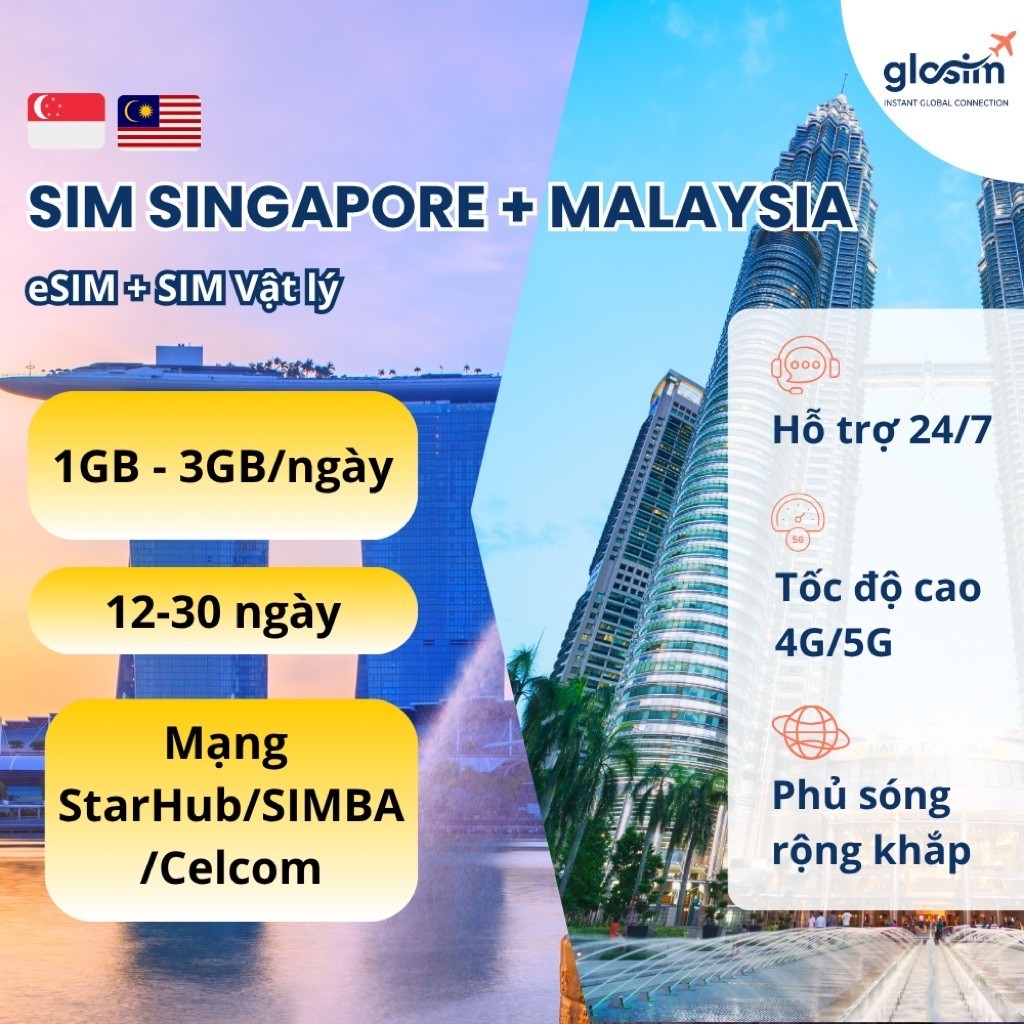 SIM Du lịch Singapore Malaysia, eSIM Du lịch Singapore Malaysia 12-30 ngày, SIM Singapore Malaysia 4