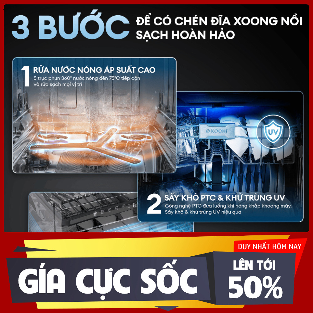 ib shop_ [Free lắp đặt] Máy rửa chén bát 16 bộ KOCHI S600  5 trục phun áp suất cao  Rửa AI   Sấy PTC