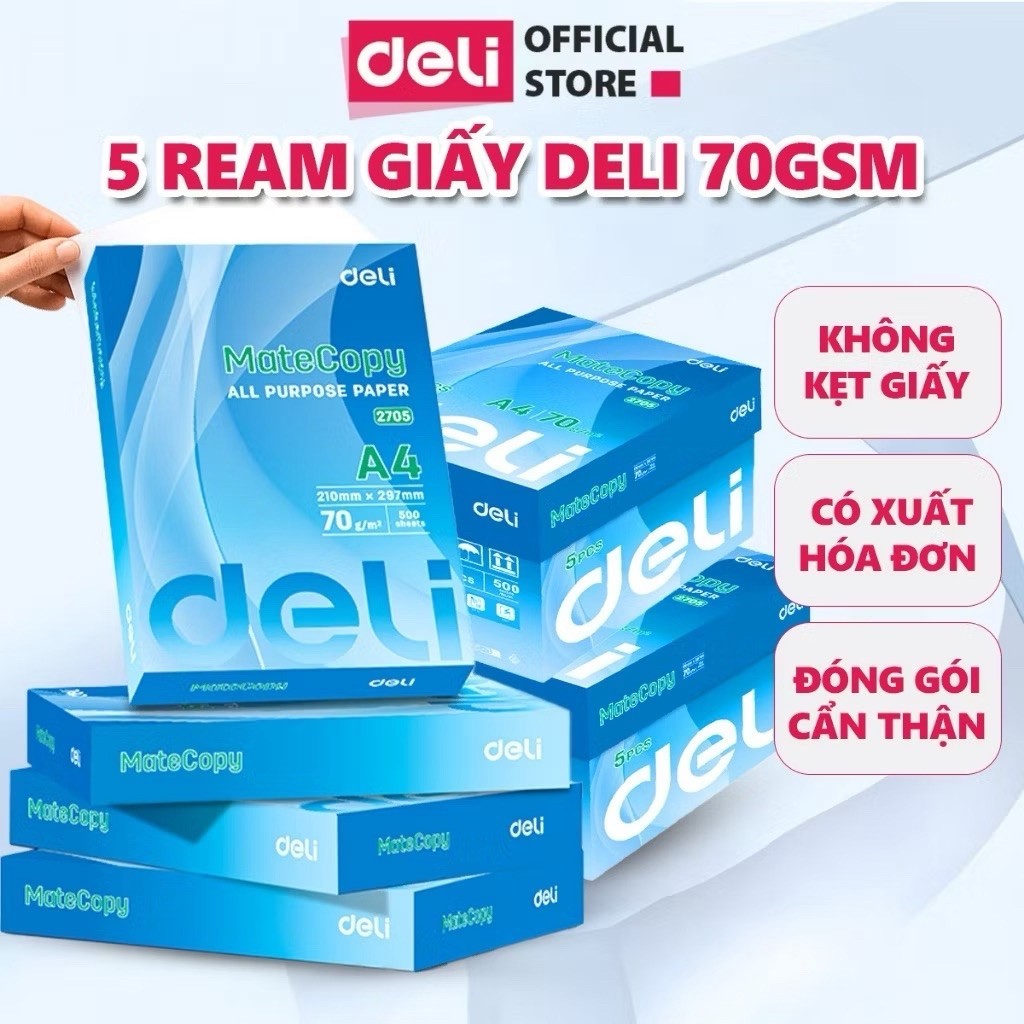 THÙNG 5 REAM- Giấy A4 Deli Giấy In Photo Copy 70gsm Chính Hãng Loại Dày 500 Tờ/ Ream