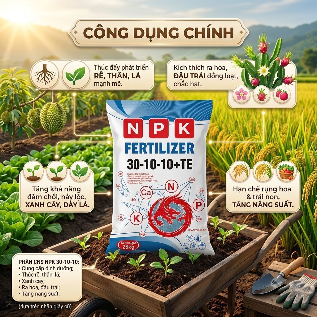 Phân bón gốc Tháp cao tan nhanh NPK 30-10-10 bao 25kg