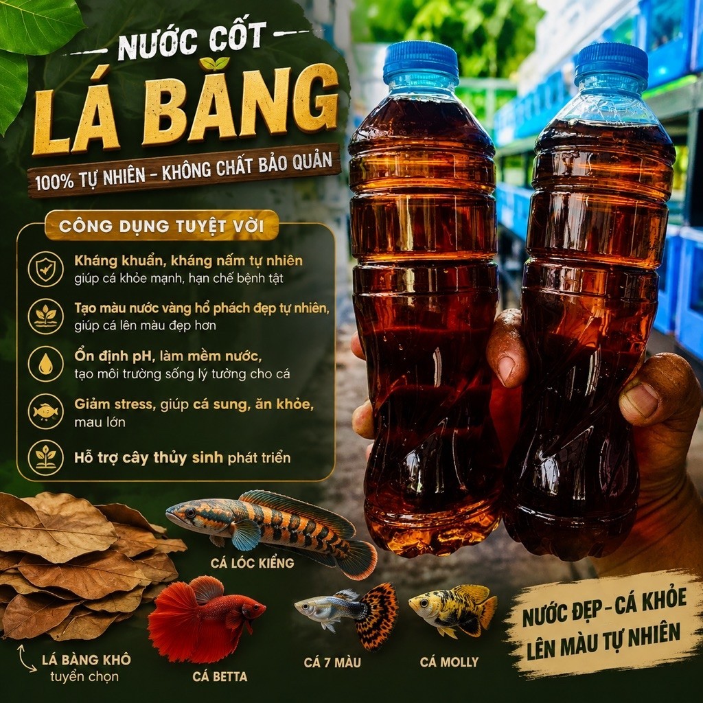 Nước cốt lá bàng dưỡng cá lóc kiểng, betta, guppy, molly. Phòng bệnh cá cảnh