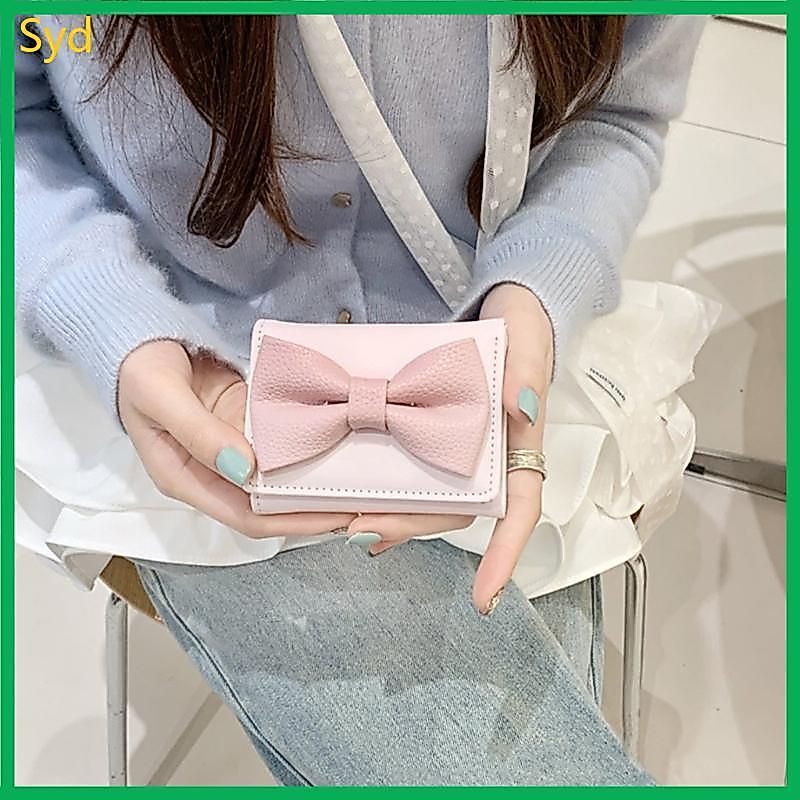 Trifold Wallet Stylish Short Wallet PU Leather Change Purse Sweet Bows Card Case