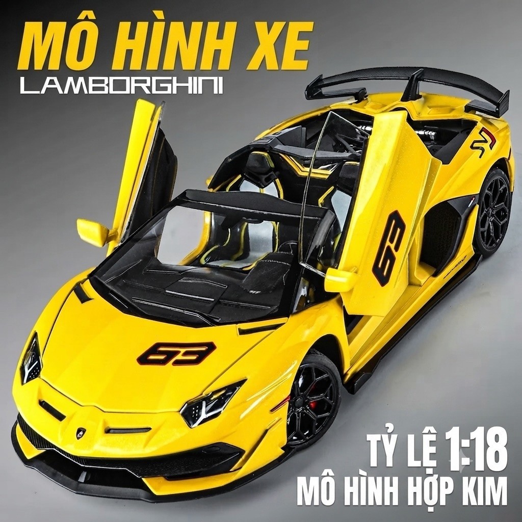 Mô Hình Ô Tô Lamborghini Aventador SVJ63 Tỉ Lệ 1/18 Chất Liệu Kim Loại Mở Cửa Có Đèn Và Âm Thanh
