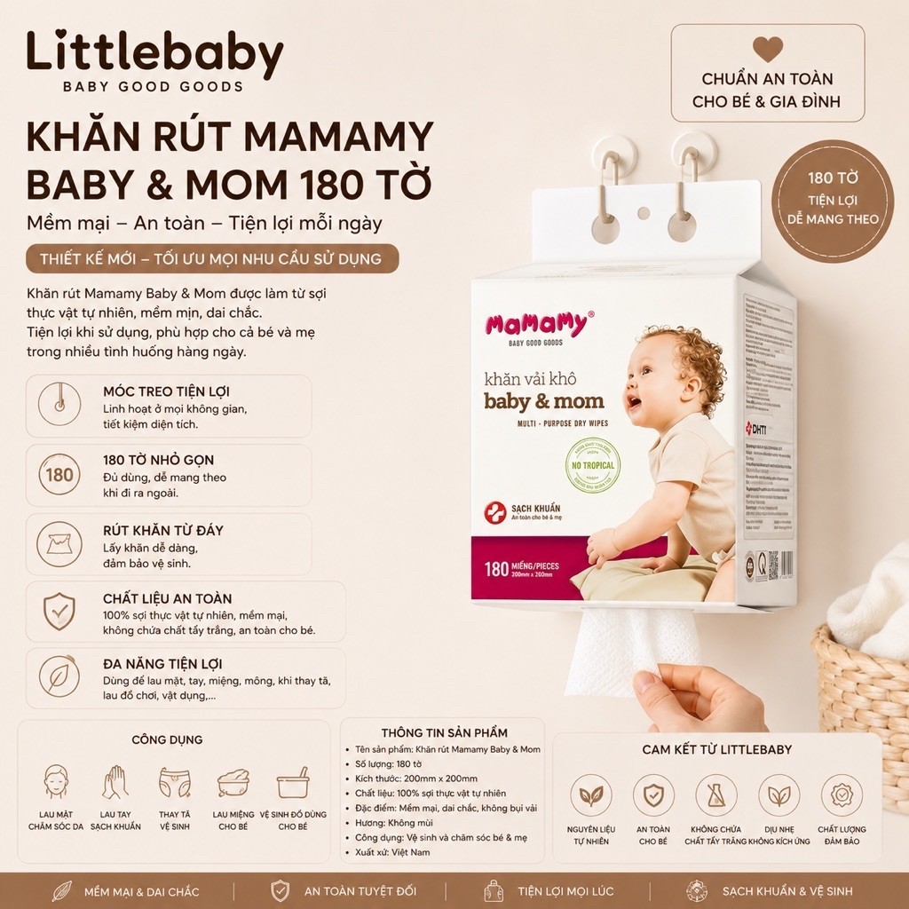Khăn Vải Khô Mamamy Baby & Mom 180 Miếng – Khăn Khô Đa Năng Cho Bé Sơ Sinh, Lau Mặt Lau Miệng ( DẠNG