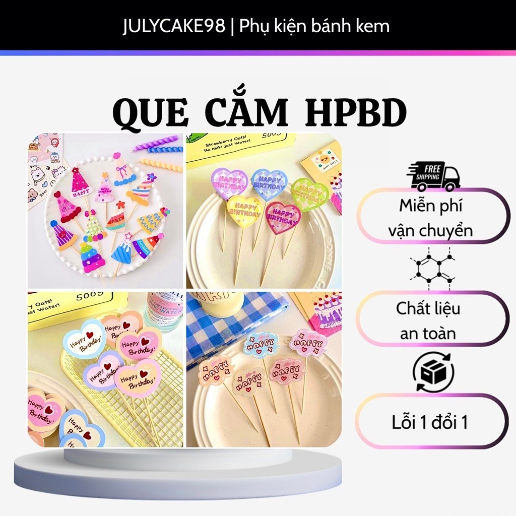 Set Que cắm Tag chữ Hpbd, Tag mũ sinh nhật, Tag giấy trái tim với hoạ tiết đáng yêu trang trí bánh k