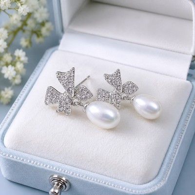 Bông Tai Ngọc Trai Giọt Nước 8ly Size Nhỏ Hình Nơ - Ngọc Trai Trường Thịnh