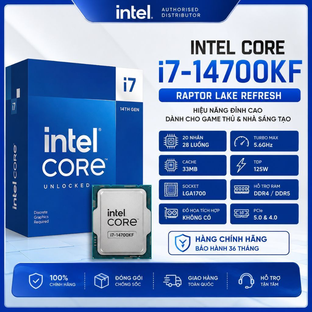 [đặt trước] CPU Intel Core i7-14700KF Tray VAT | LGA 1700, 20 nhân/28 luồng, Max 5.6 GHz