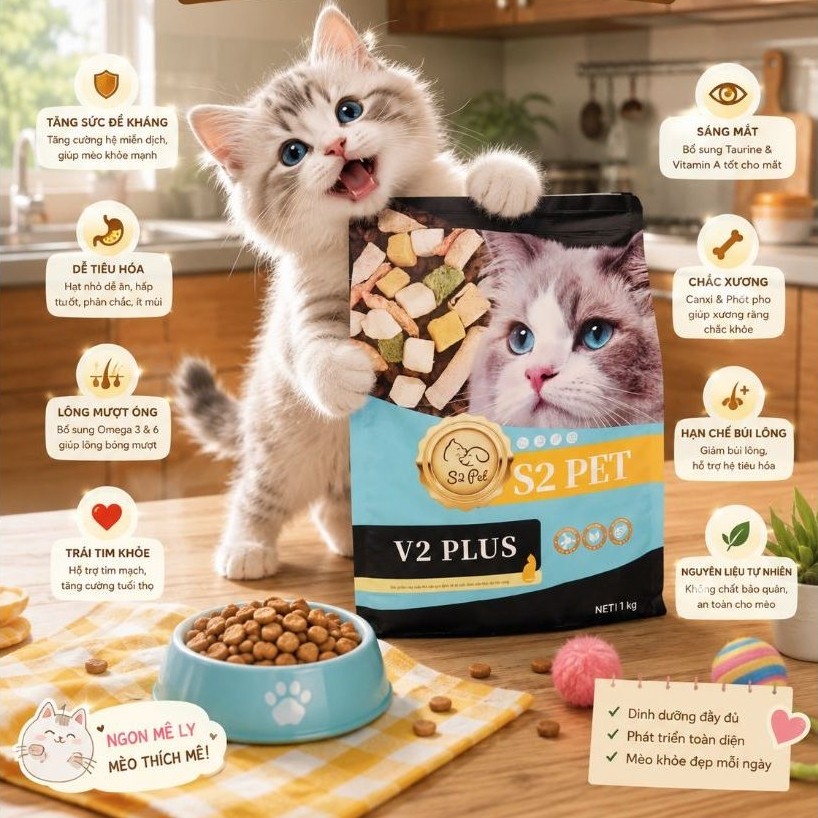 HẠT SIÊU TOPPING CHO MÈO KÉN ĂN, MƯỢT LÔNG S2PET V2 PLUS