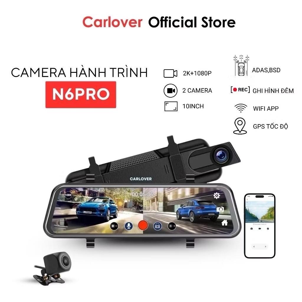 Camera Hành Trình Ô Tô Gương N6PRO CARLOVER tích hợp GPS l 4K Siêu Nét – Cảnh Báo Tốc Độ, Cảnh Báo V