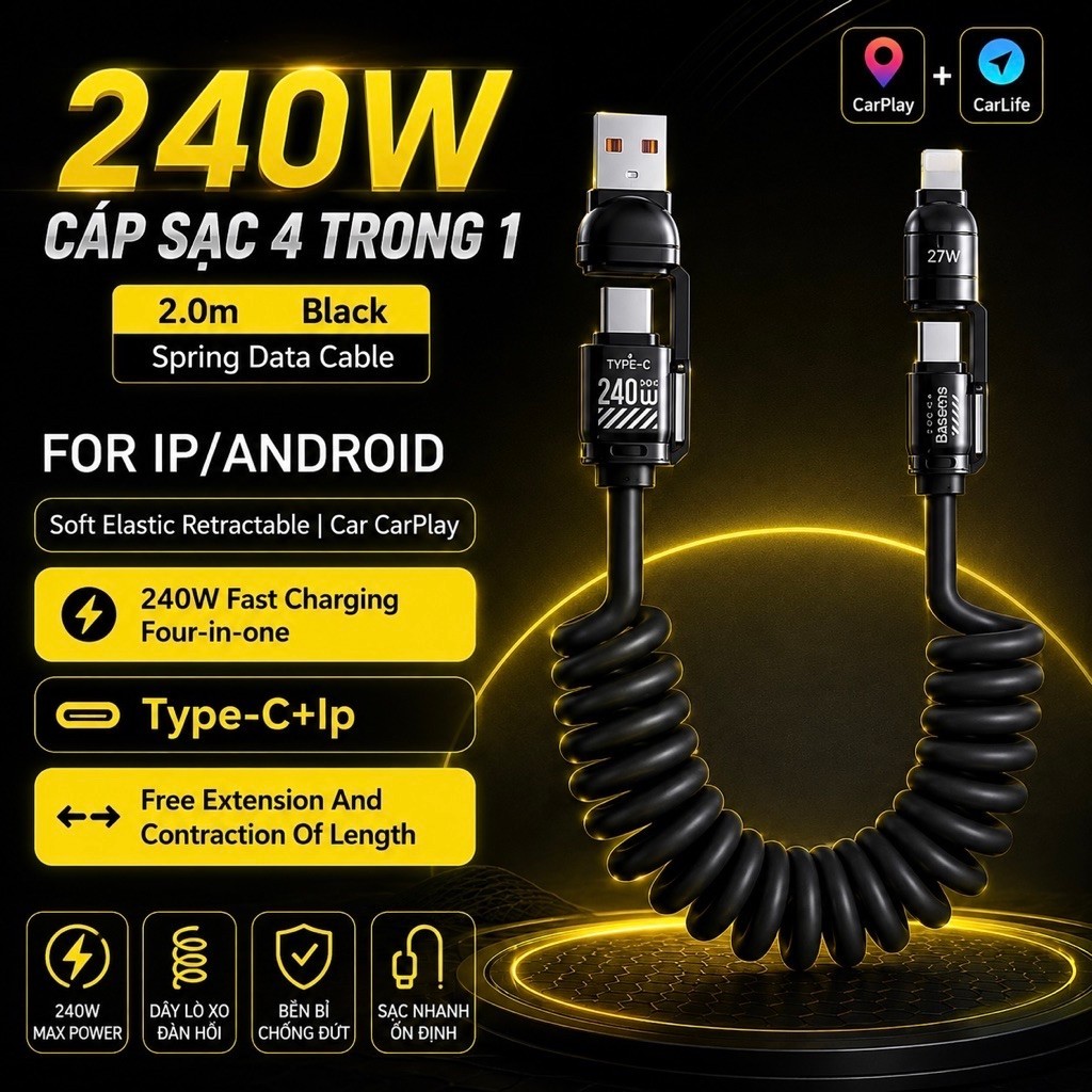 Cáp sạc nhanh lò xo đa năng 240W, Cáp sạc nhanh 4 trong 1 chống rối, sạc nhanh 240W