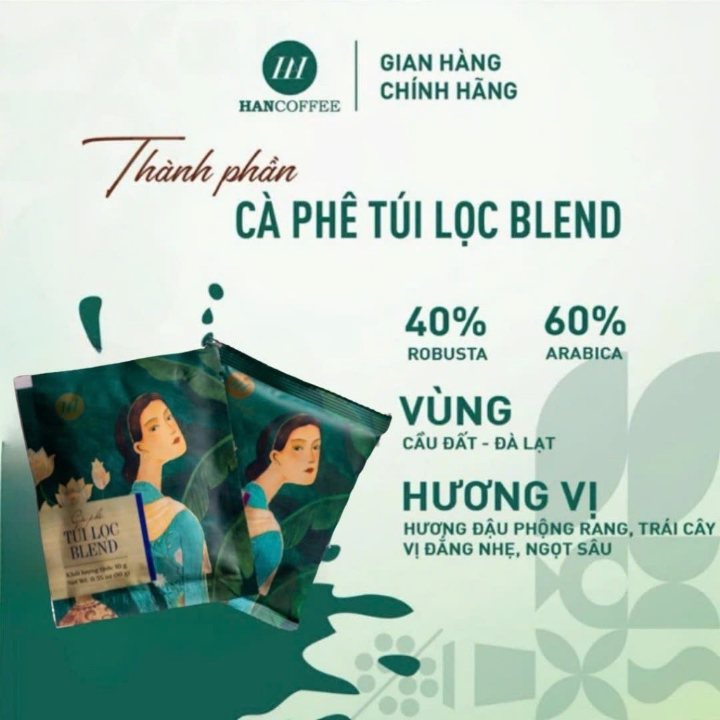 1 gói dùng thử cà phê túi lọc HANCOFFEE BLEND 80% Abariaca + 20% Robusta phin giấy nhanh chóng