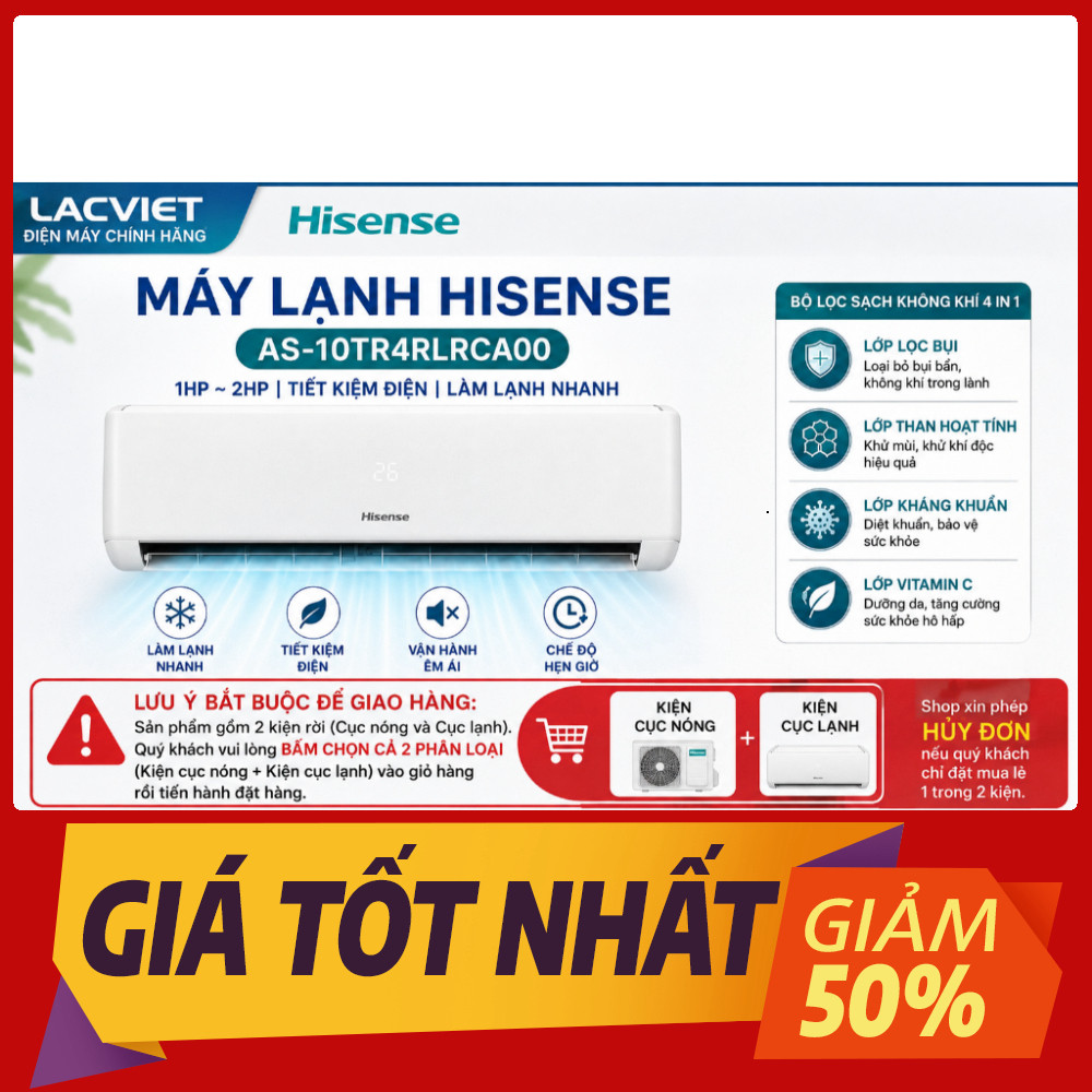 Máy lạnh HISENSE AS-10TR4RLRCA00 1HP- Inverter Tiết Kiệm Điện, bộ lọc sạch không khí 4 in 1