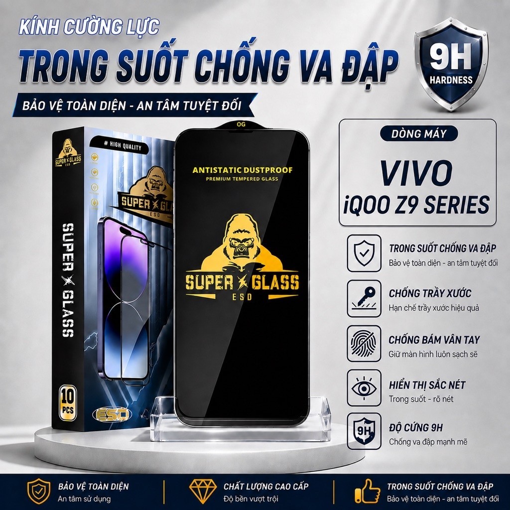 Cường lực iQoo Z9 Turbo, Z9 5G, Z9x, Z9 Lite Plus trong suốt full màn dán kính bảo vệ màn hình Vivo
