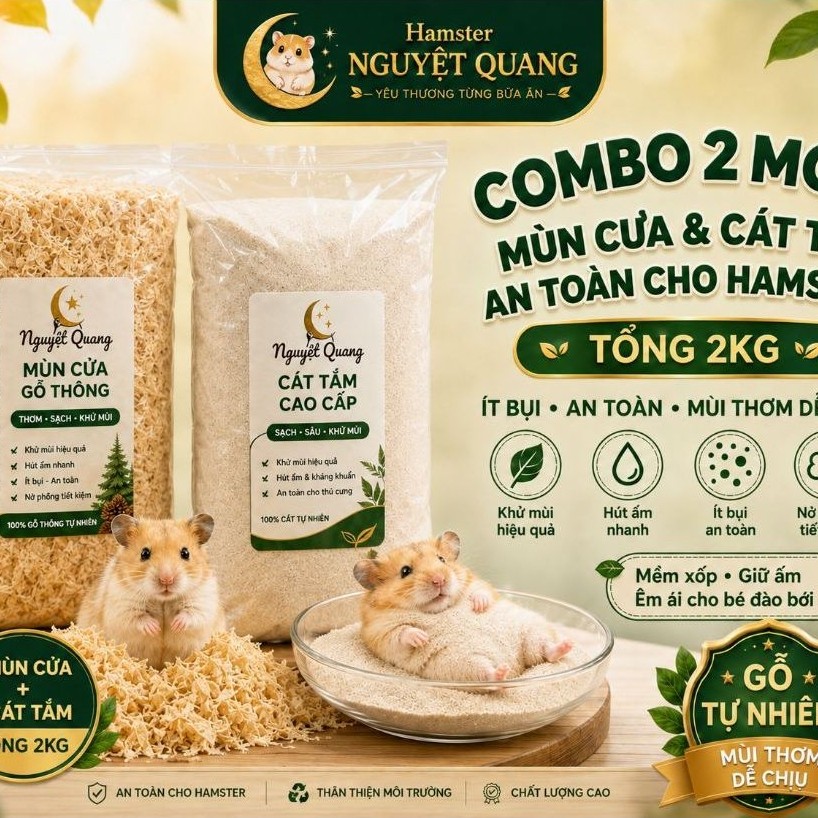 Combo 2 Món Mùn Cưa Gỗ Thông & Cát Tắm Cao Cấp Cho Hamster – 1kg Mùn Cưa + 1kg Cát Tắm – Tổng 2kg
