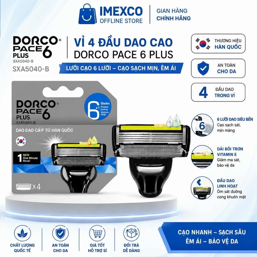 Vỉ 4 Đầu Dao Cạo Dorco Pace 6 Plus – 6 Lưỡi Cạo Êm Ái, Linh Hoạt