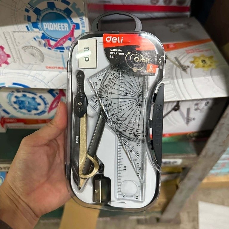 Bộ Compa học sinh Deli, Đen - Gồm 8 dụng cụ - EG30404