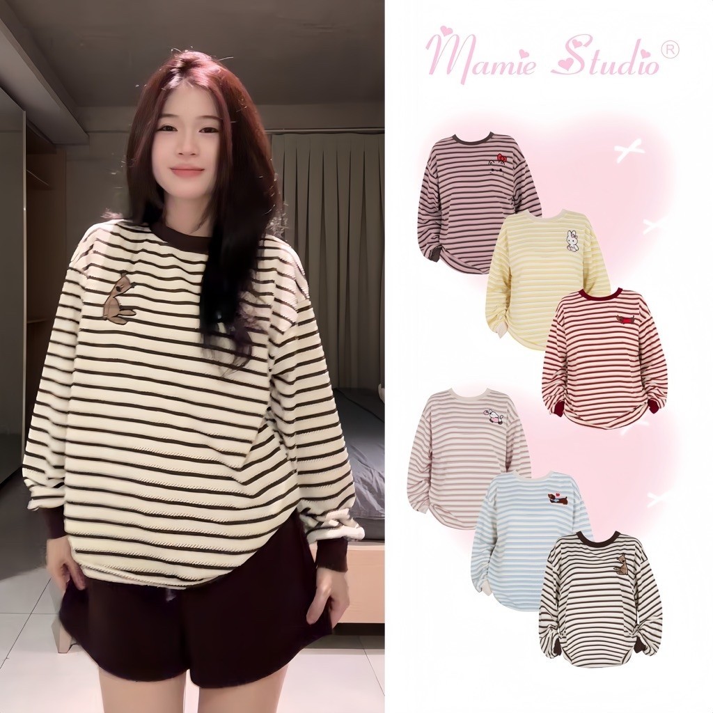 Áo sọc Mamie bo tay dài thêu hoạ tiết xinh xắn thời trang nam nữ