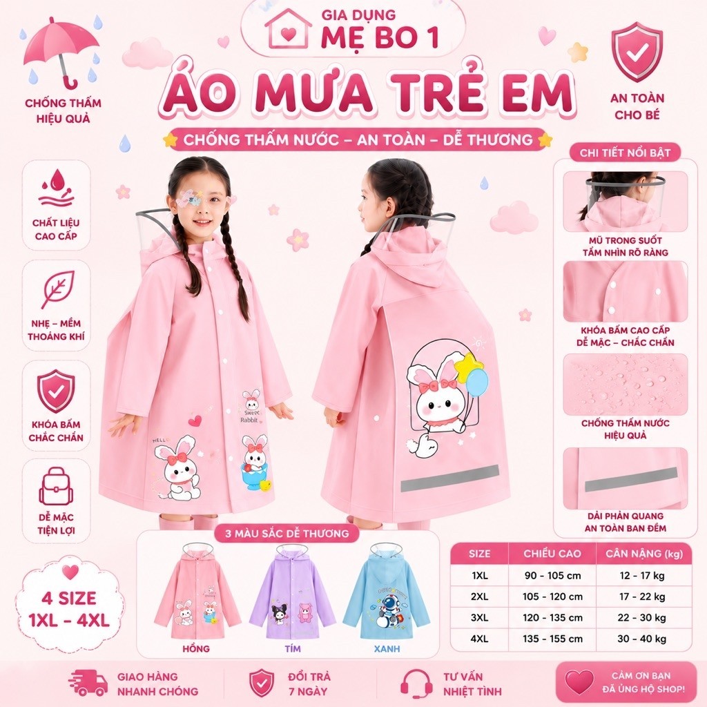 Áo mưa trẻ em 4-13 tuổi cao cấp có tấm chắn đeo được balo gọn gàng, có phản quang phía sau.