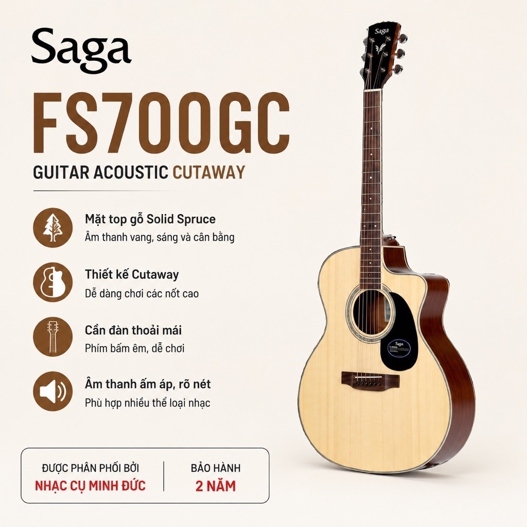 Guitar Saga FS700 GC - Đàn acoustic tầm trung dáng A khuyết - Âm hay gỗ thịt bán chạy tầm 4tr