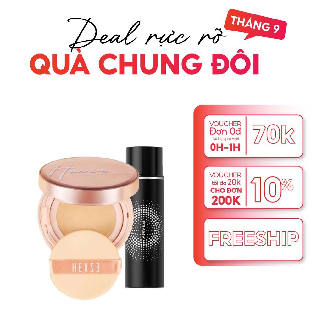 Combo Cushion Hexze + Xịt Khoá Nền Pramy – Lớp Nền Căng Mịn, Bền Màu Suốt Ngày