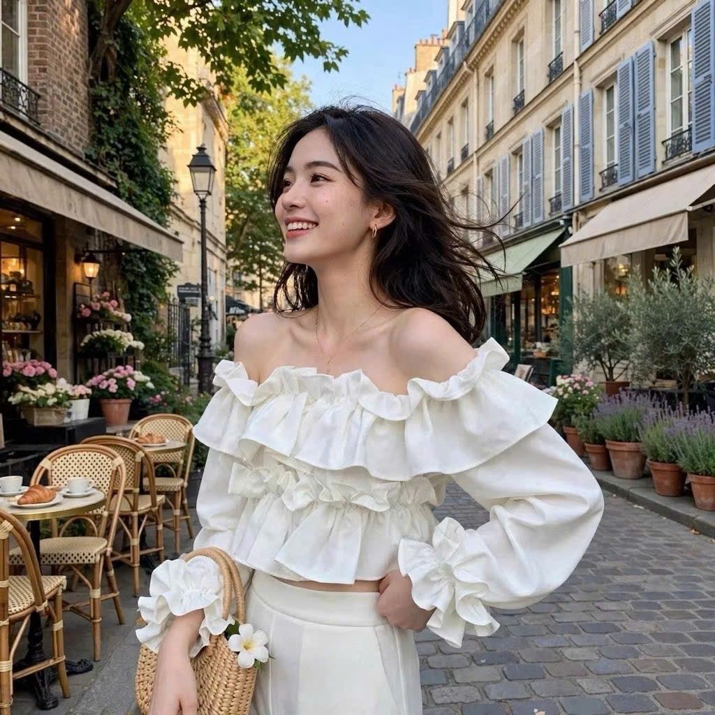 Áo nữ trễ vai phối bèo tay dài sang trọng thời trang  boong fashion TH7