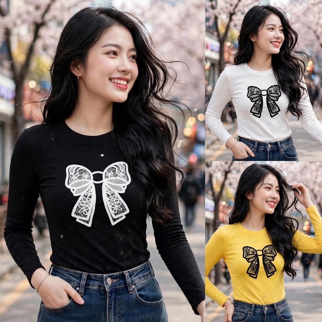 Áo croptop xinh xắn in hoạ tiết nơ to chất thun tăm dài tay mặc thu đông HP RENTO - Fashion 73