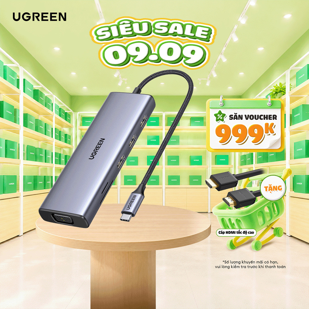 Hub chuyển đổi Type C UGREEN 9 in 1| HDMI 4K UHD| USB 3.0 | Bảo Hành 18 Tháng 1 đổi 1 | 15600 90119