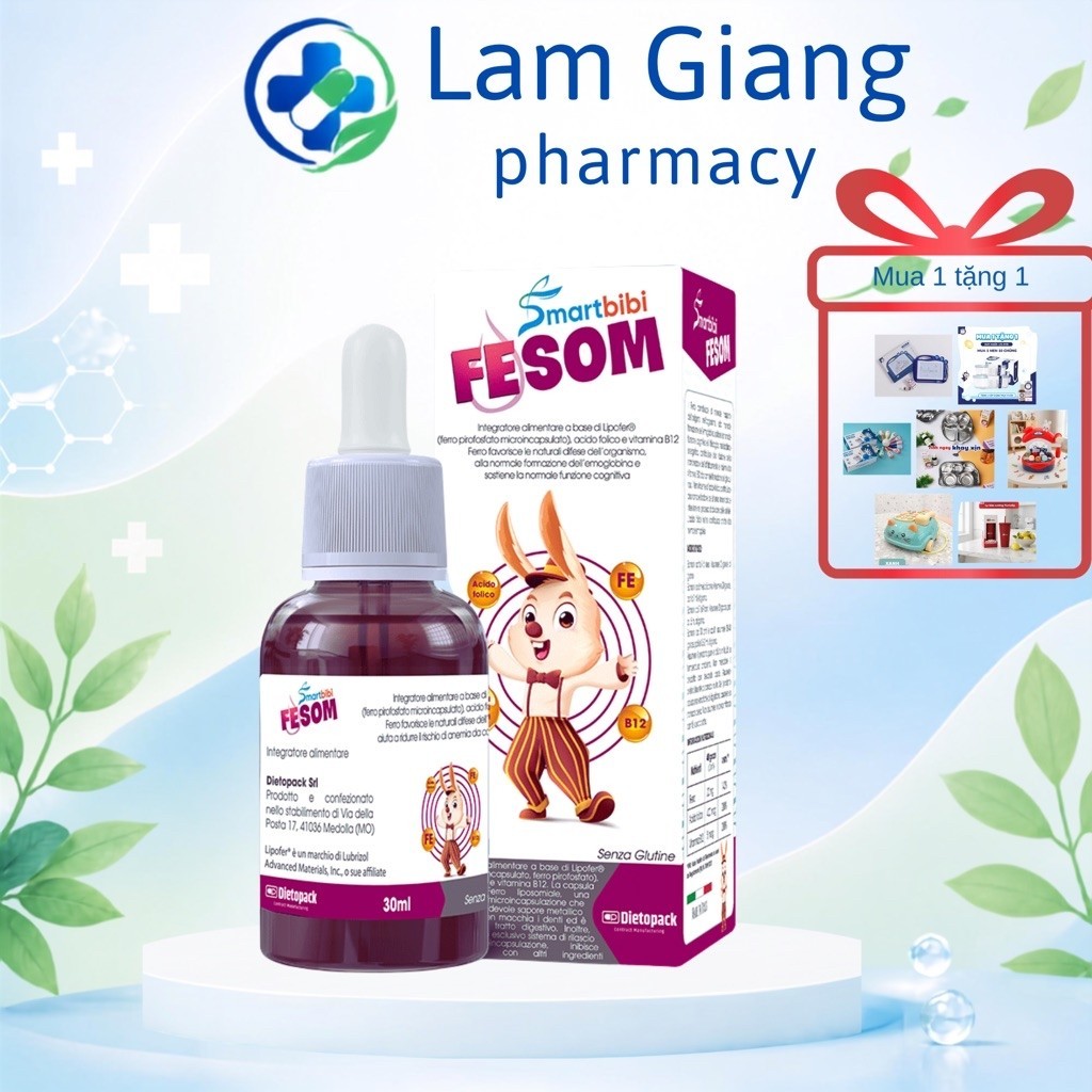 Sắt Lipofer Smartbibi Fesom - TPBVSK Chứa bộ 3 vi chất Sắt, acid Folic, Vitamin B12 30ml
