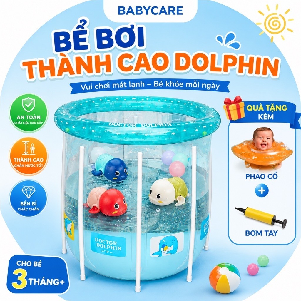 Bể Bơi Thành Cao Dolphin Bản Mới Cho Bé & Gia Đình 80x80cm, Bể Bơi PVC Tại Nhà